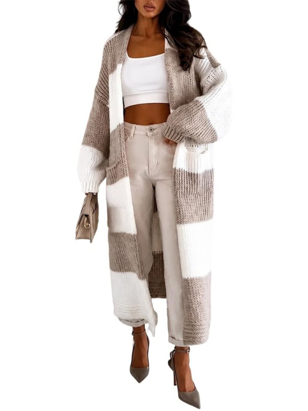 Open Front Oversized Long Knit Cardigan Sweater with Pockets